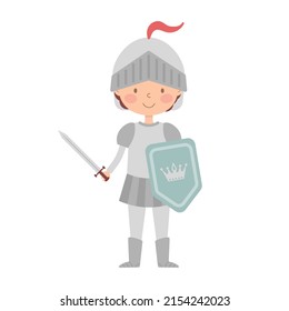 Cute little cartoon knight in armor, with a sword. Isolated on a white background.