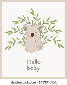 Cute, little cartoon koala in the bushes of greenery, isolated vector. Baby Shower, for printing kidswear, postcards. children's logo. Children's drawing.