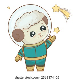 Cute little cartoon lamb standing in astronaut costume and spacesuit, pointing at stars. Vector illustration for poster, greeting card and design for kids.