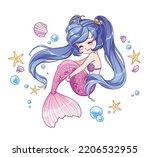 Cute little cartoon mermaid with long blue hair and pink fishtail. Hand drawn vector illustration for colouring book, sticker, shirt, card.