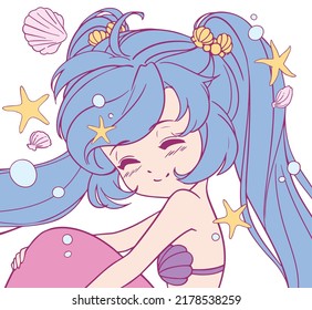 Pequeña y pequeña caricatura de sirena con pelo largo y cola de pescado. Ilustración vectorial dibujada a mano para el libro de coloreado.