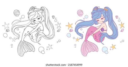 Cute little cartoon mermaid with long hair and fishtail. Hand drawn vector illustration for colouring book.