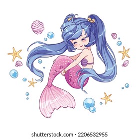 Pequeña y pequeña caricatura de sirena con pelo azul largo y cola de pescado rosa. Ilustración vectorial dibujada a mano para libro de colorear, pegatina, camisa, tarjeta.