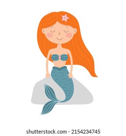 Cute little cartoon mermaid sitting on a rock. Isolated on a white background.