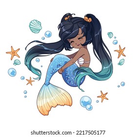 Cute little cartoon mermaid with tan skin, long black hair and blue shiny fishtail. Hand drawn vector illustration for colouring book, sticker, shirt, card.