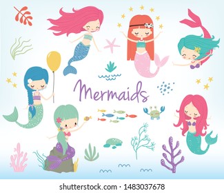 Cute little cartoon mermaids clipart. Vector illustration. Marine nautical life childish cartoon character set