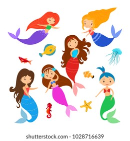 Cute little cartoon  mermaids and sea animal set.