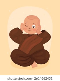 Cute little cartoon monk in meditation pose. Buddhist monk in brown clothes. Smiling monk covers his ears with his hands. Сard for Vesak day.