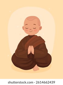 Cute little cartoon monk in meditation pose. Buddhist monk in brown clothes. Monk in a pose of prayer. Сard for Vesak day.