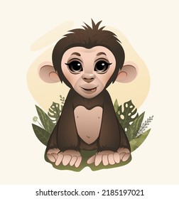 cute little cartoon monkey with vegetation elements. Vector illustration