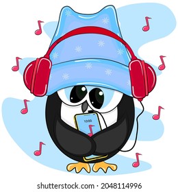 Cute little cartoon penguin with headphones and smartphone. Vector illustration.