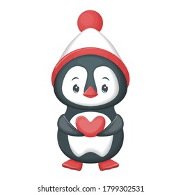 Cute little cartoon penguin with heart. Isolated on white background. Cartoon style. Vector illustration.