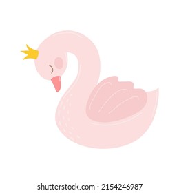 Cute little cartoon pink swan in a crown. Isolated on a white background.