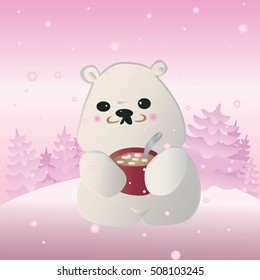 Cute Little Cartoon Polar Bear with Cup of Hot Chocolate with Marshmallows