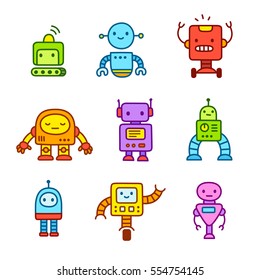 Cute little cartoon robots set. Hand drawn doodle style vector illustration.