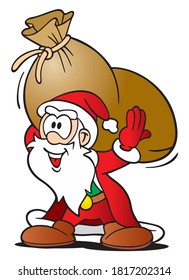 cute little Cartoon santa carrying a big heavy weight gift sack on his back