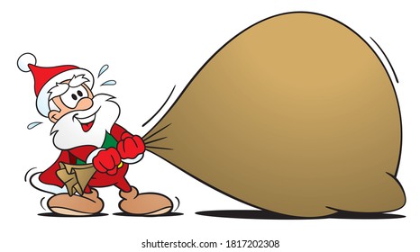 cute little Cartoon santa pulling a big heavy weight gift sack with space to set your text
