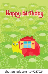 Cute little cartoon snail with a house on his back, in cabbage field. Hand-drawn lettering Happy Birthday. Birthday card. Vector illustration.