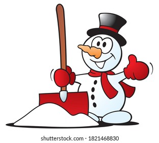 Cute Little Cartoon Snowman Offering Winter Services, Holding A Snow Shovel