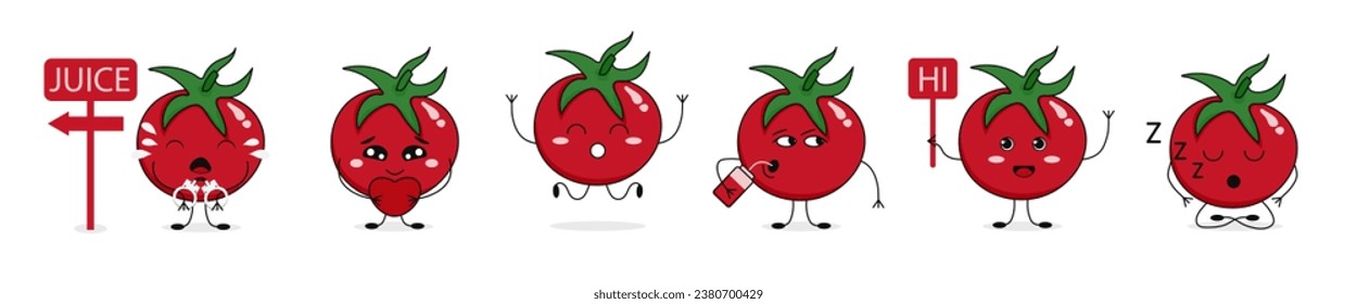 Pequeña caricatura de tomate. Tomates que: risa, llorar, saltar, dormir, etc. Seis posa personaje de ilustración vectorial.