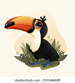 cute little cartoon toucan bird with vegetation elements