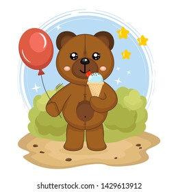 cute little cartoon toy brown teddy bear eats ice cream and hold red balloon on his hand. Isolated vector illustration for kids