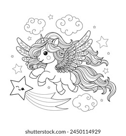 A cute, little cartoon unicorn with a long mane flies in the sky with a star. Black and white linear drawing. For children's design of coloring books, prints, posters, stickers, cards, puzzles, etc. V