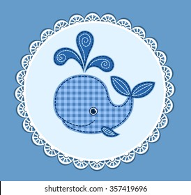 Cute little cartoon whale. Card for baby shower. Vector patchwork illustration.