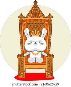 A cute little cartoon white rabbit sits on a royal throne with his eyes closed dreamily.