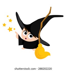 Cute little cartoon witch pointing and holding a broom vector stock illustration.