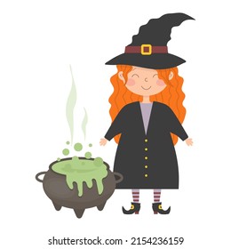 Cute little cartoon witch, wearing a hat, brews a potion in a cauldron. Isolated on a white background.