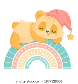 Cute little cartoon yellow baby panda sleeps on boho rainbow. Bear wears sleeping cap. Mammal animal design for children. Flat vector illustration isolated on white for nursery or playroom. 