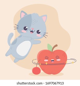 Pequeño gato lindo con manzana y guinda kawaii caricatura ilustración vectorial