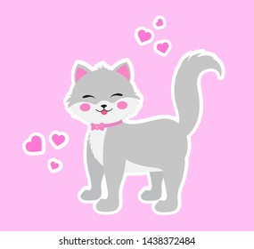 Cute little cat baby clip art smiling animal. funny kitten and hearts sticker. Vector illustration