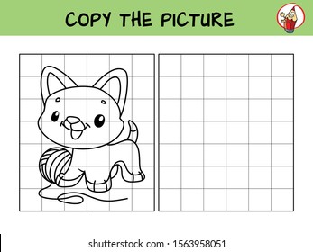 Cute little cat with the ball of thread. Copy the picture. Coloring book. Educational game for children. Cartoon vector illustration