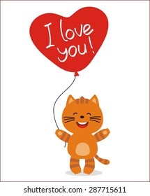 Cute little cat with balloon heart. I love you! Valentine card.