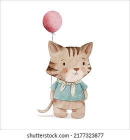 cute little cat and balloon watercolor illustration for kids and baby with isolated background