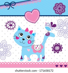 cute little cat and bird invitation card vector illustration