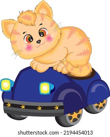 Cute little cat with blue toy car.Cartoon style hand drawn vector illustration.Perfect for t-shirt print,Poster,Card,Label and other decoration for kids.