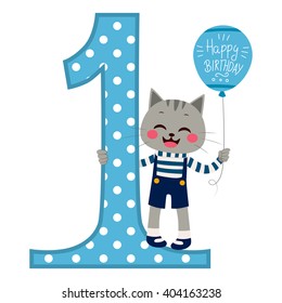 Cute little cat boy wearing blue overall holding balloon with happy birthday text next to big number one