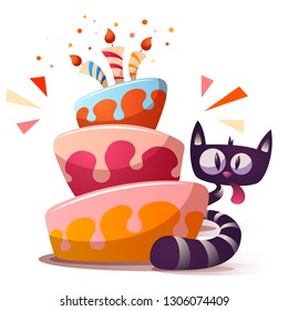 Cute little cat with cake. Hand draw
