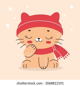 Cute little cat in a cap and a scarf. Illustration in cartoon flat style. Home pet, kitten. Vector illustration for nursery, print on textiles, cards, clothes.