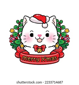 Cute Little Cat Cartoon in Santa Claus Costume, inside decorative red ribbon Christmas banners. Christmas Wreath, Merry Christmas Theme. isolated on white.