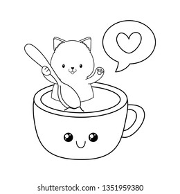 cute little cat with chocolate mug kawaii character