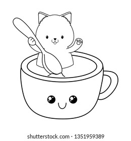 cute little cat with chocolate mug kawaii character