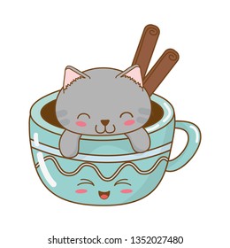cute little cat with chocolate mug kawaii character