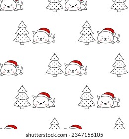 Cute little cat with a Christmas tree. Seamless pattern