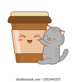 cute little cat with coffee drink kawaii character