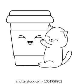 cute little cat with coffee drink kawaii character