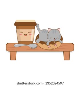 cute little cat with coffee drink kawaii character